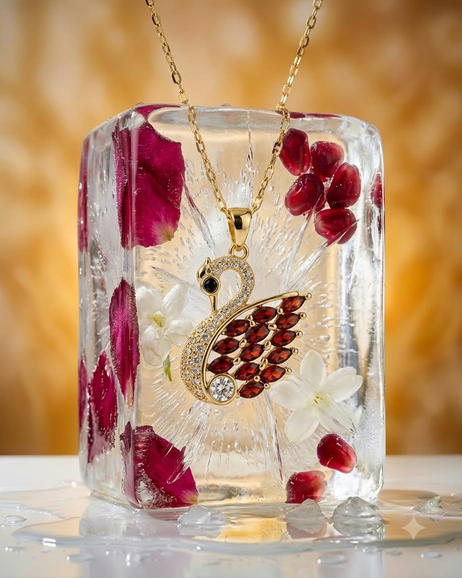 Elegant Swan Ruby Crystal Pendant Necklace
