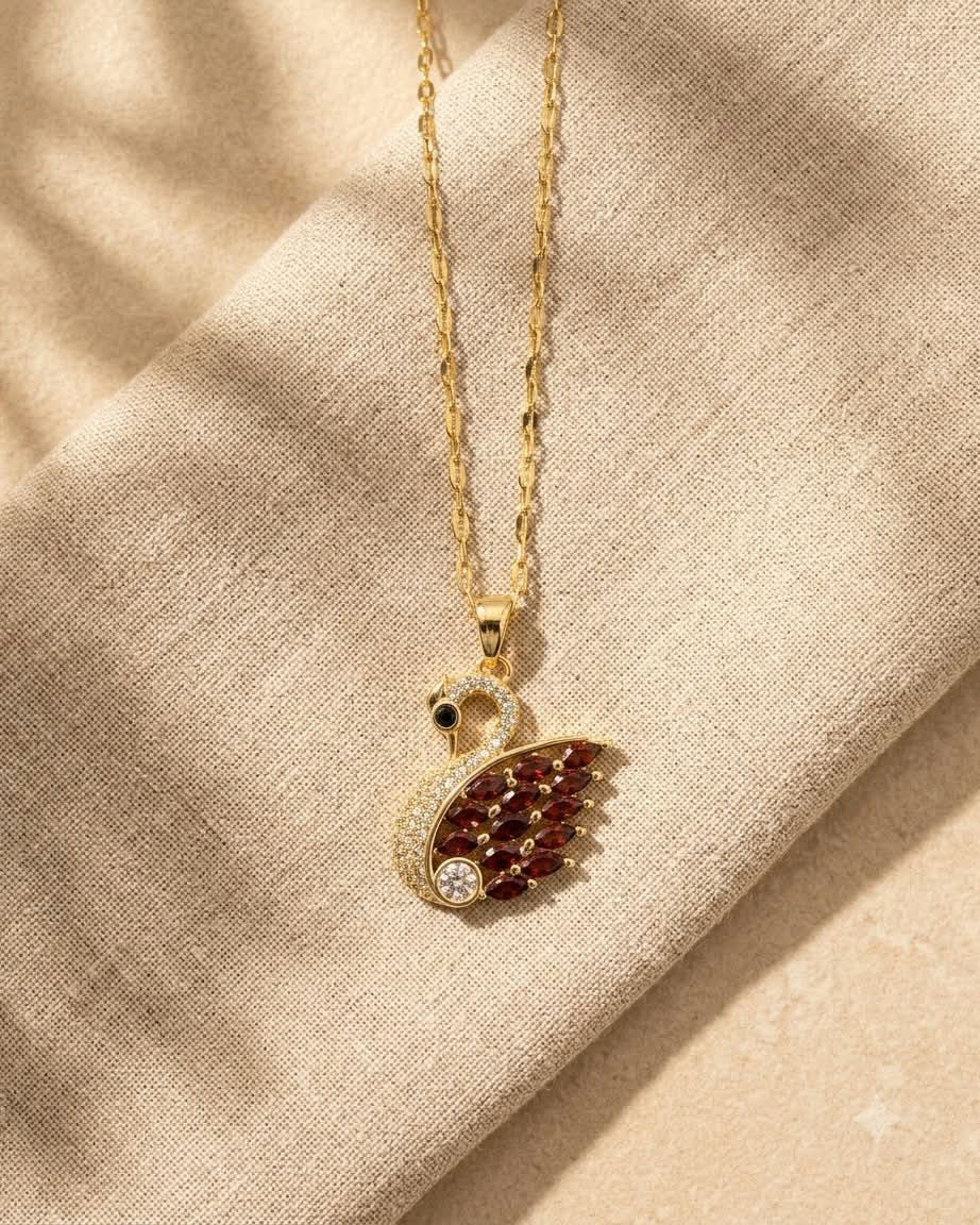 Elegant Swan Ruby Crystal Pendant Necklace