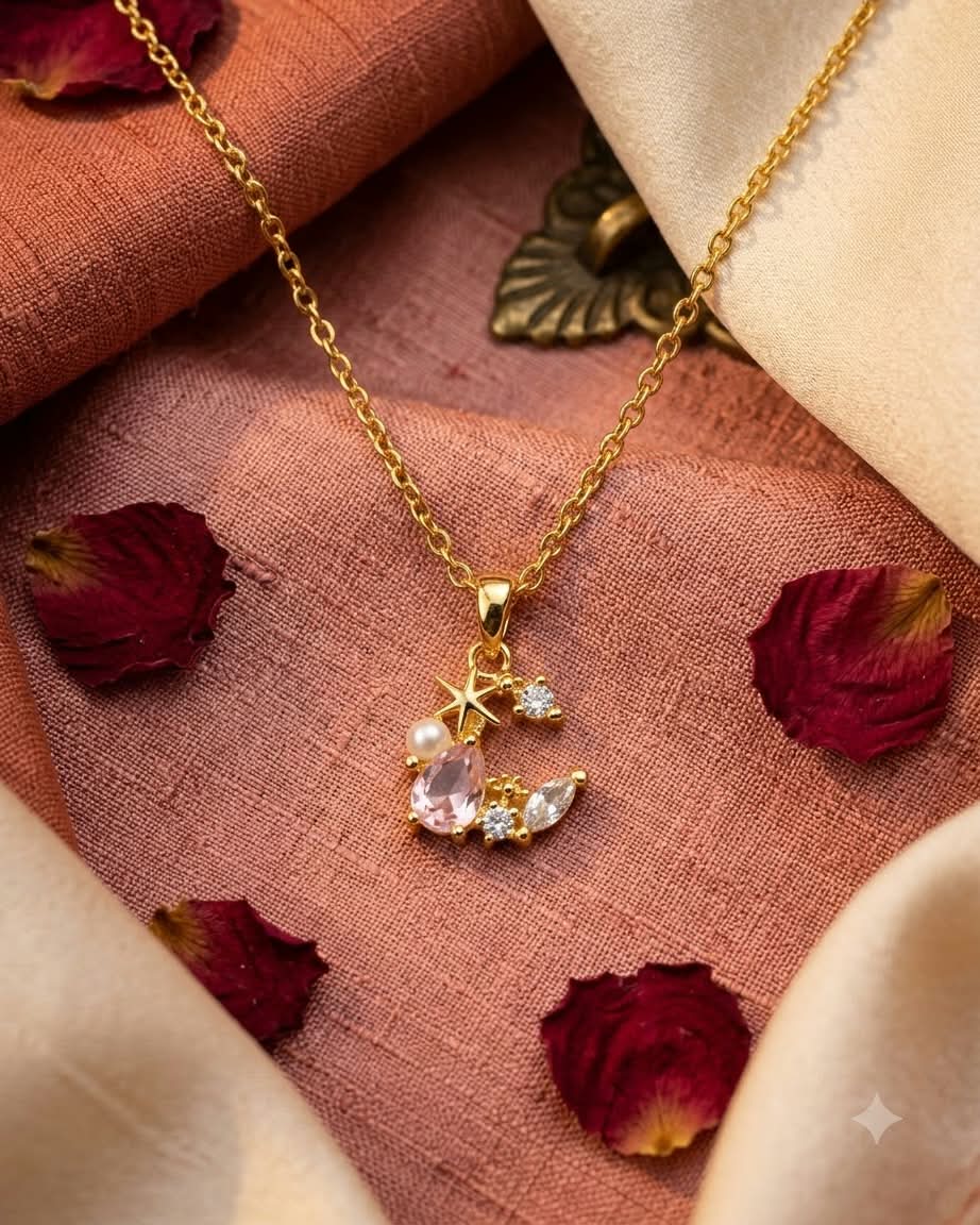 Pink Crystal Floral Charm Pendant Necklace