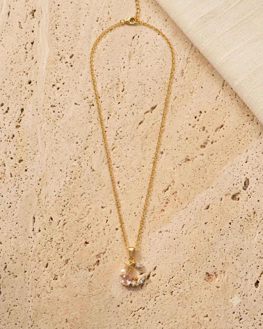 Pink Crystal Floral Charm Pendant Necklace