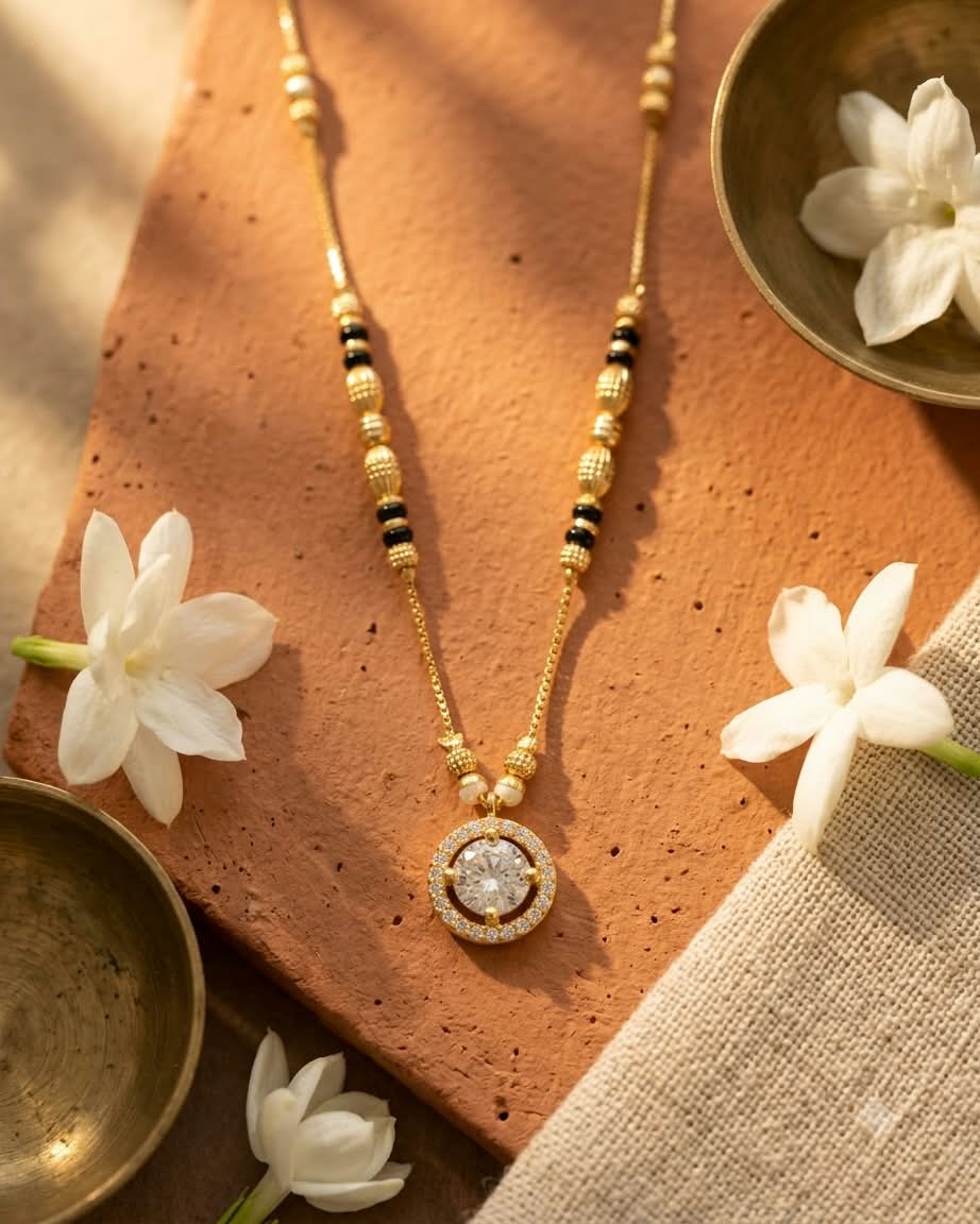Elegant Gold Black Beaded Solitaire Mangalsutra