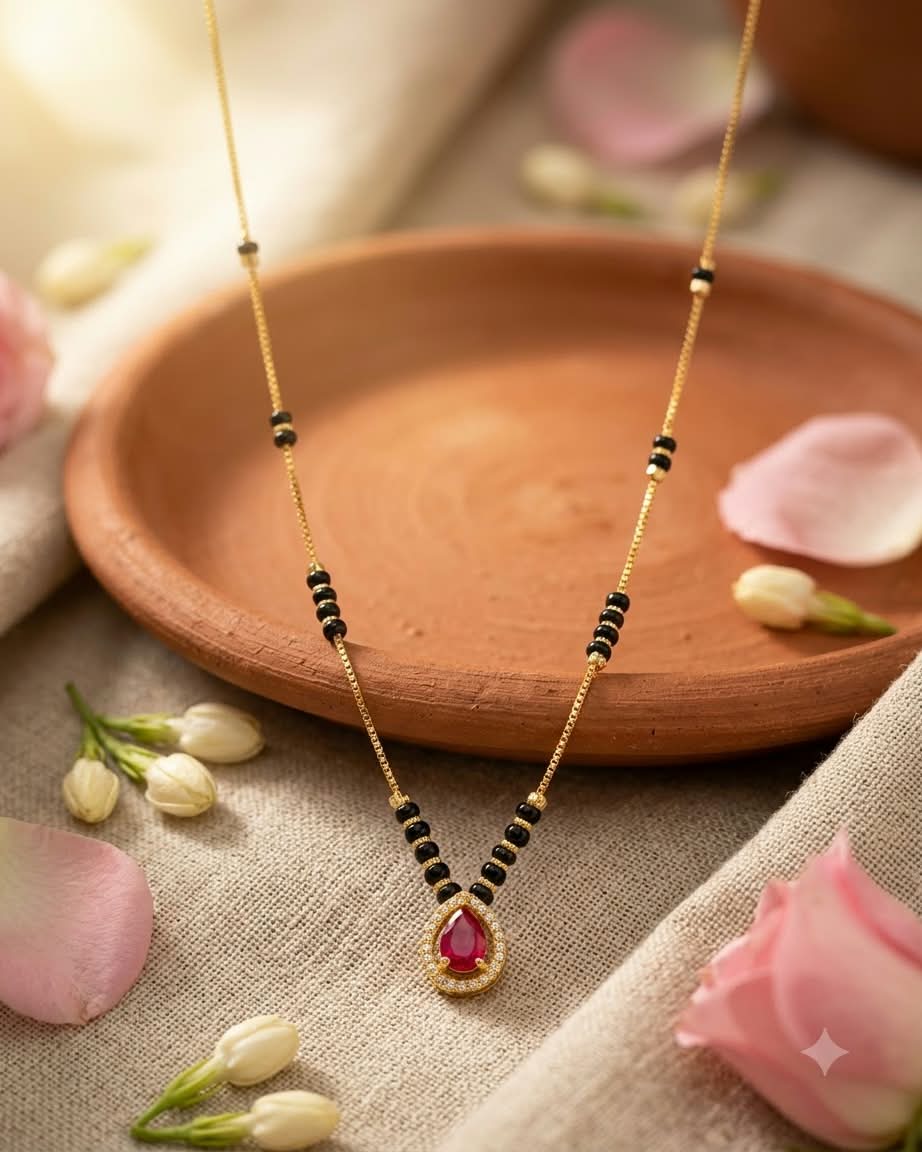 Ruby Drop Gold Black Beaded Mangalsutra