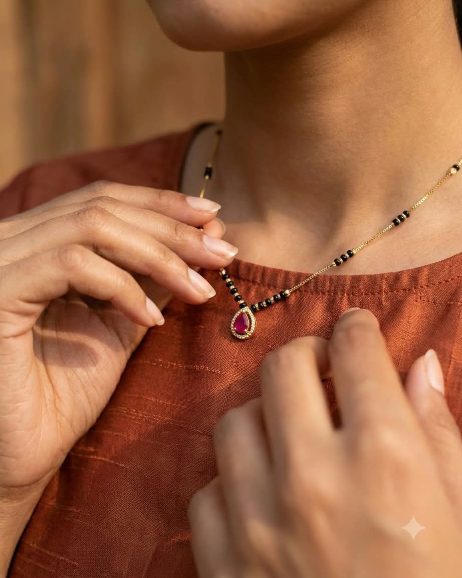 Ruby Drop Gold Black Beaded Mangalsutra