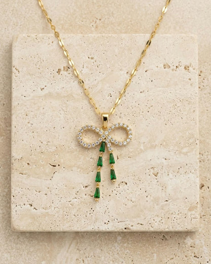 Elegant Green Crystal Bow Pendant Necklace