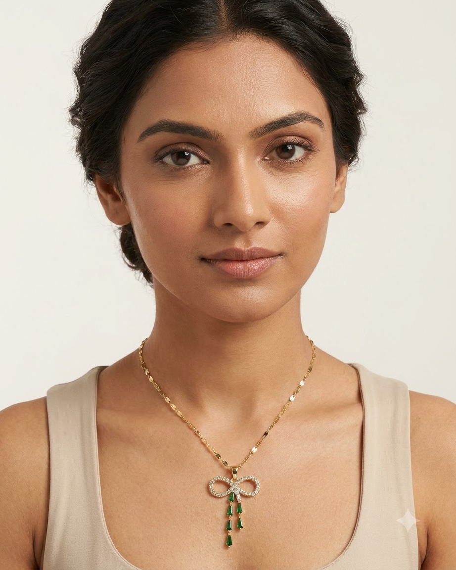 Elegant Green Crystal Bow Pendant Necklace