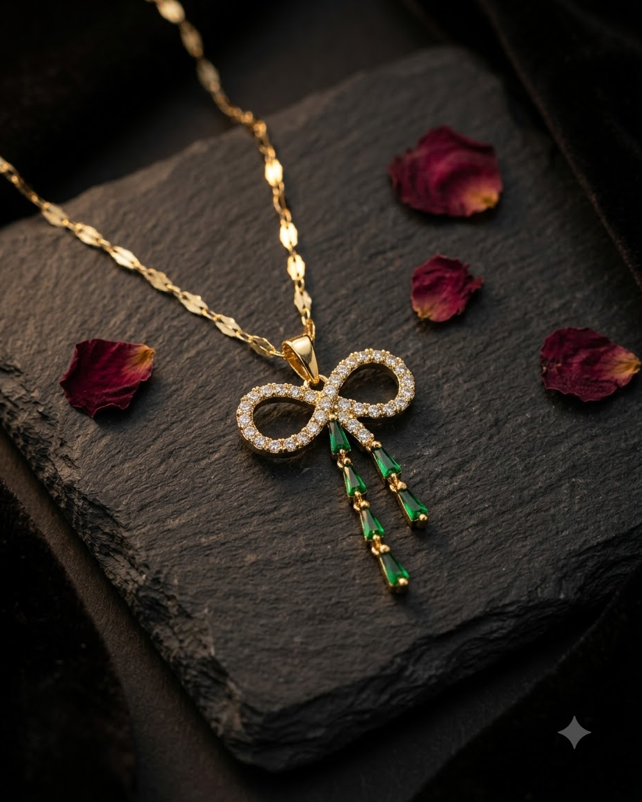 Elegant Green Crystal Bow Pendant Necklace