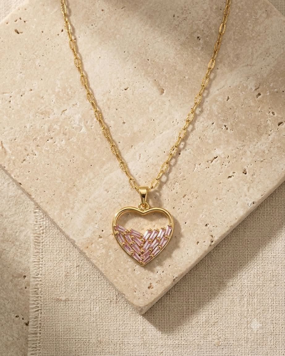 Elegant Pink Crystal Heart Pendant Necklace