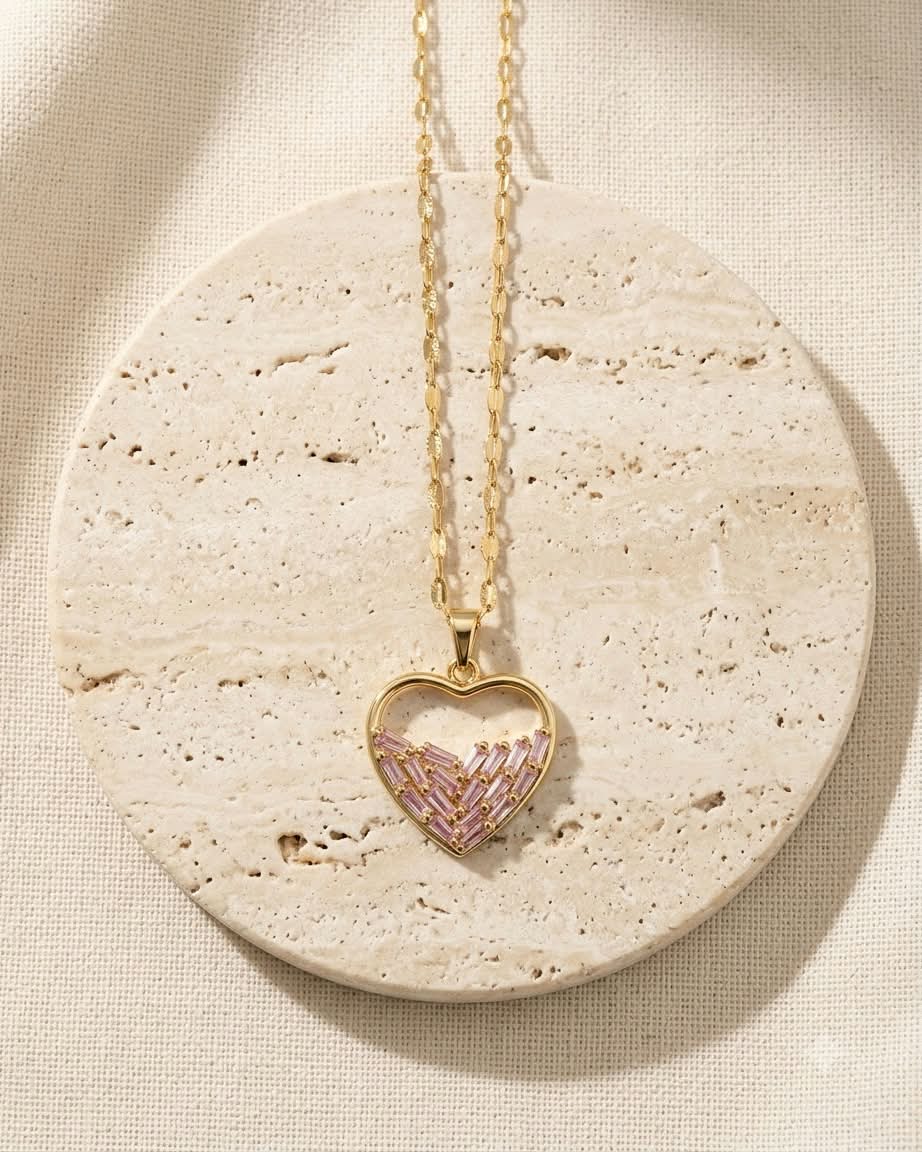 Elegant Pink Crystal Heart Pendant Necklace