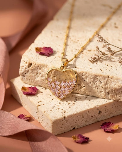 Elegant Pink Crystal Heart Pendant Necklace
