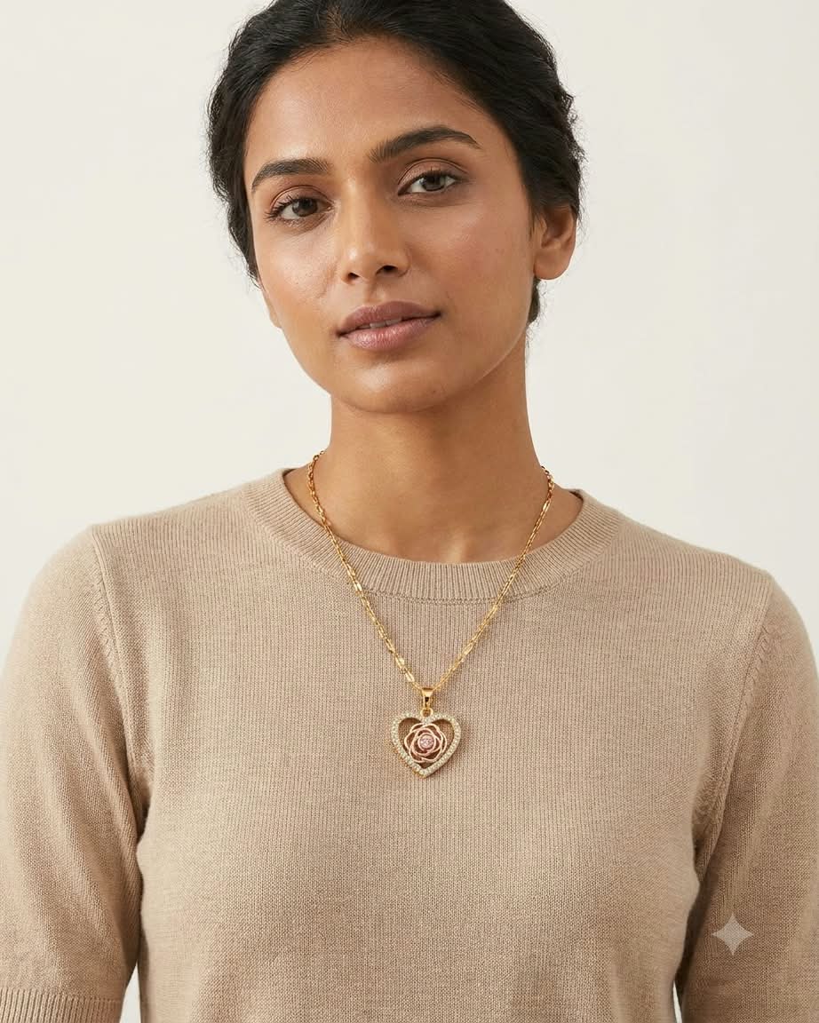 Elegant Rose Heart Crystal Pendant Necklace