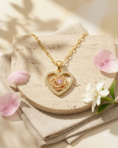 Elegant Rose Heart Crystal Pendant Necklace