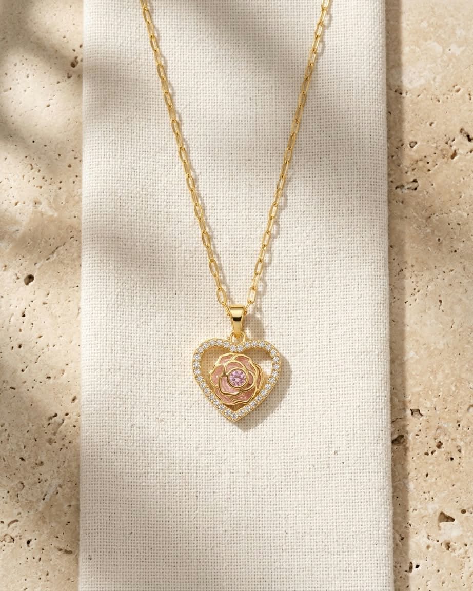 Elegant Rose Heart Crystal Pendant Necklace