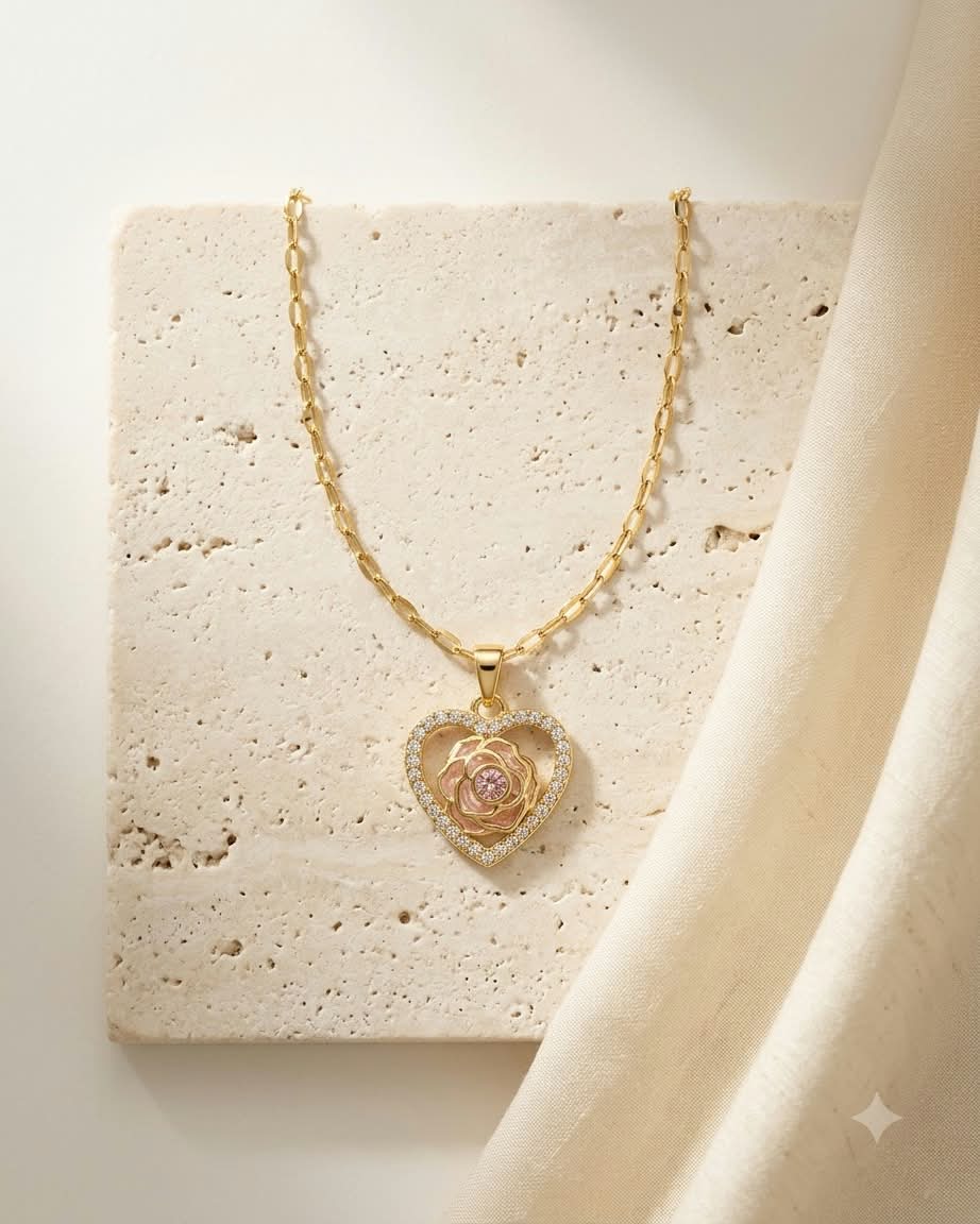 Elegant Rose Heart Crystal Pendant Necklace
