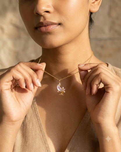 Celestial Crescent Moon Pink Crystal Pendant Necklace