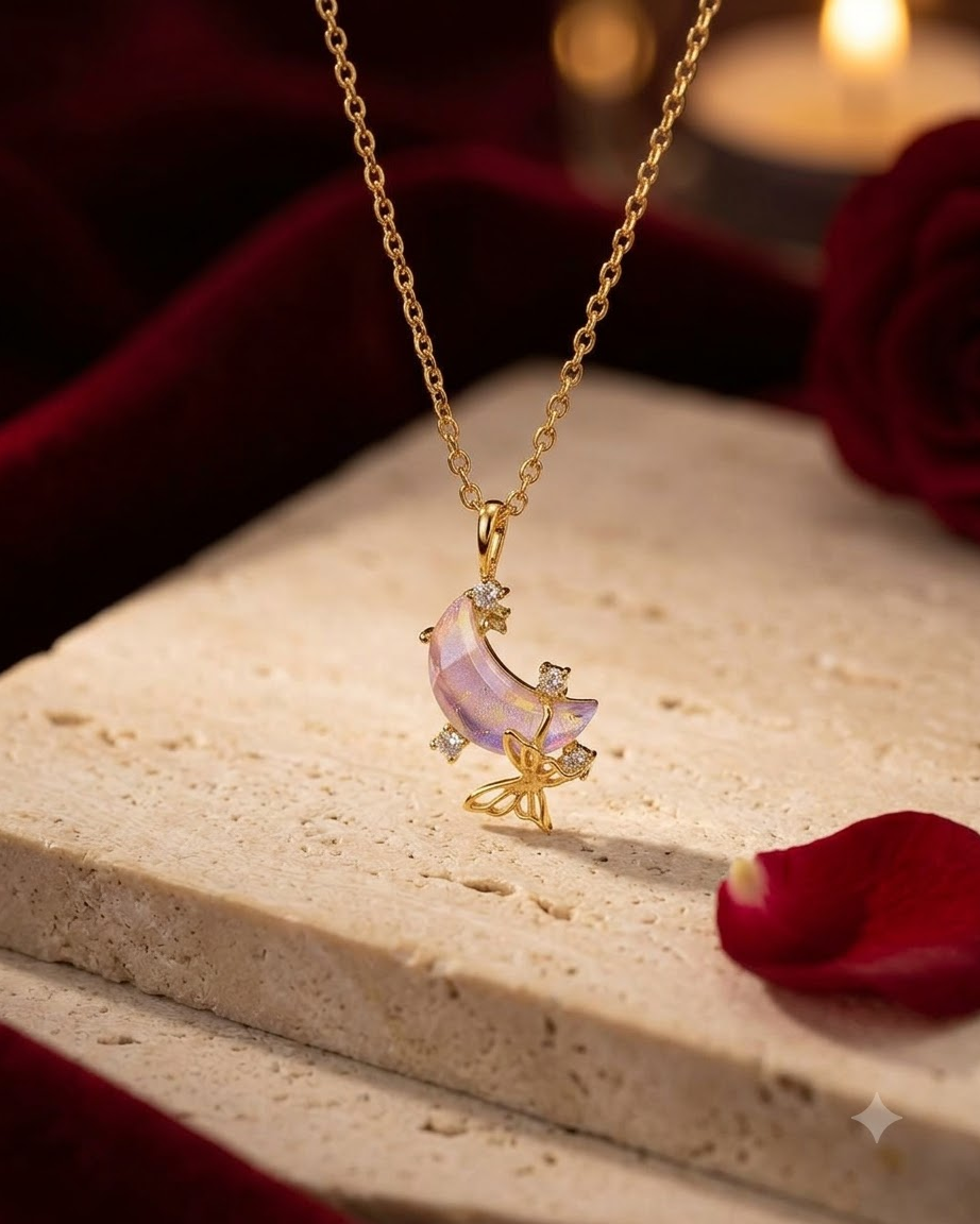 Celestial Crescent Moon Pink Crystal Pendant Necklace
