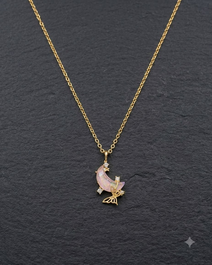 Celestial Crescent Moon Pink Crystal Pendant Necklace