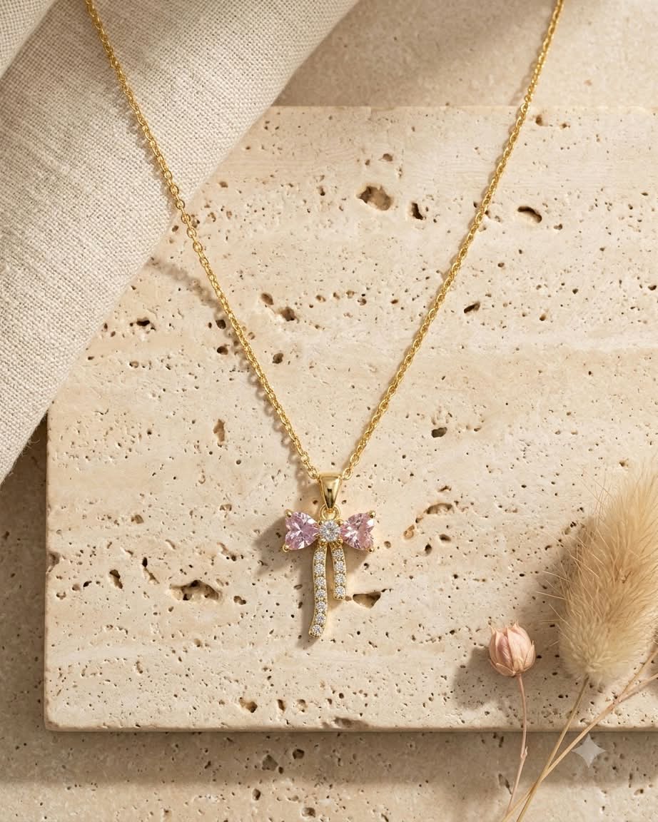 Elegant Pink Bow Crystal Pendant Necklace