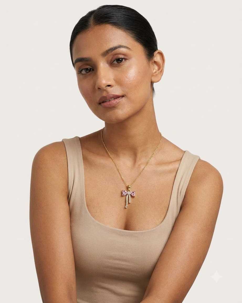 Elegant Pink Bow Crystal Pendant Necklace