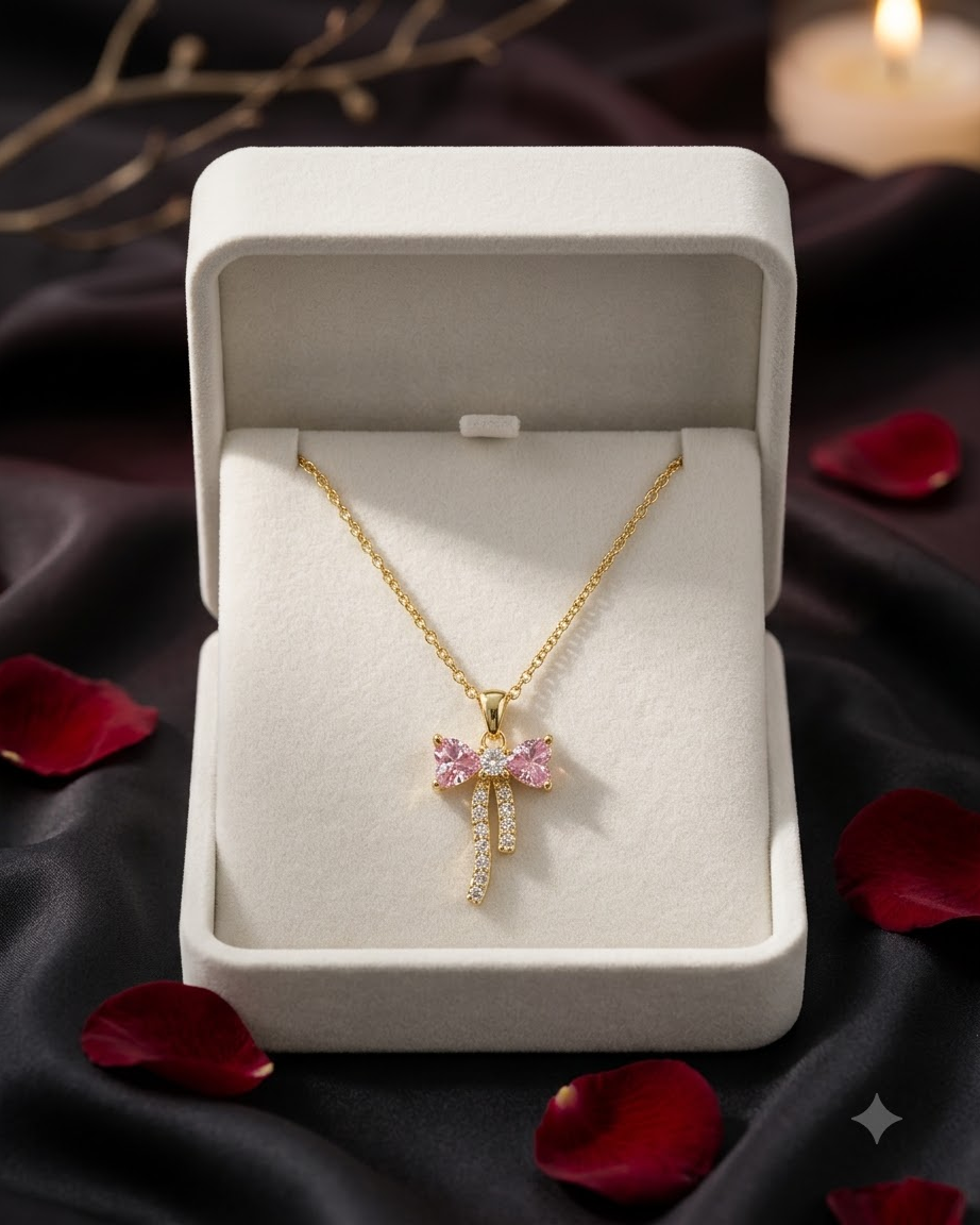 Elegant Pink Bow Crystal Pendant Necklace