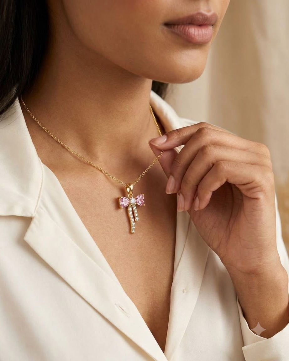 Elegant Pink Bow Crystal Pendant Necklace