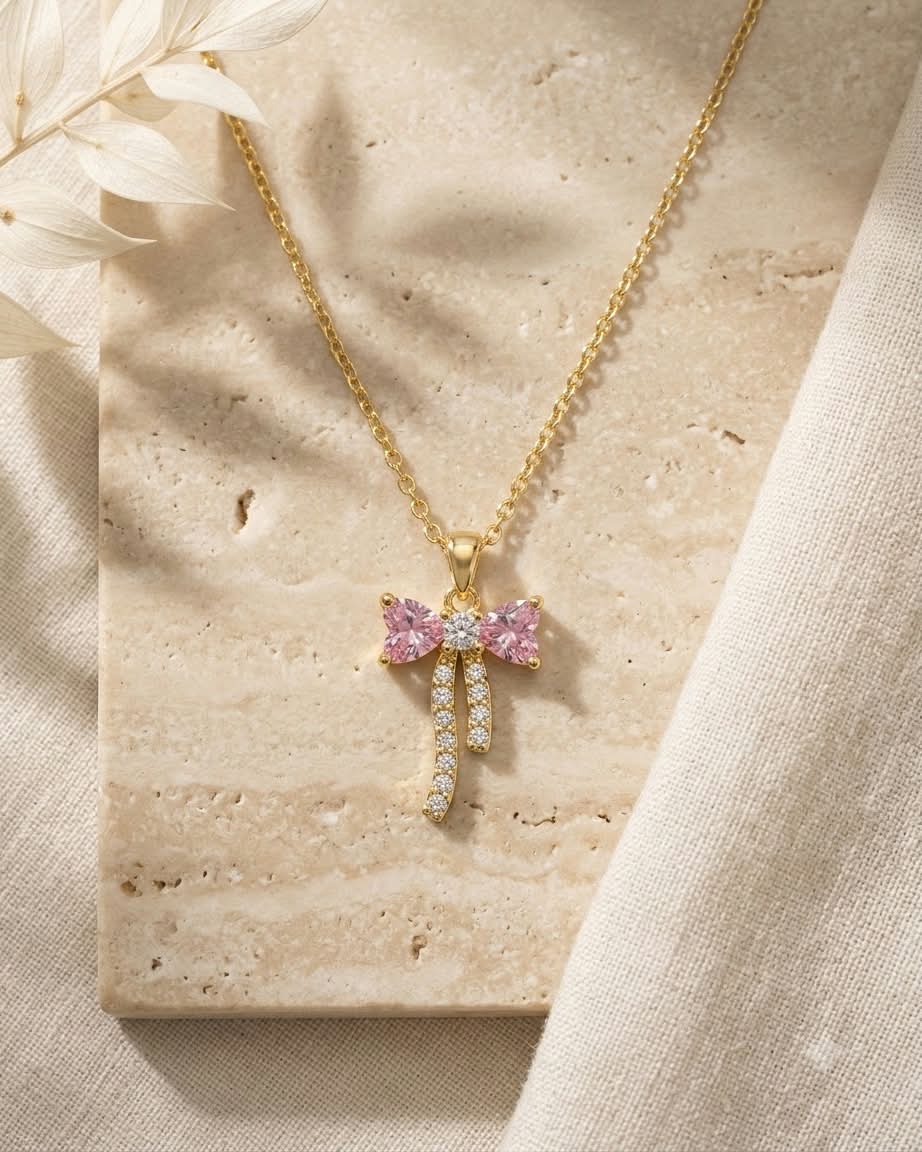 Elegant Pink Bow Crystal Pendant Necklace