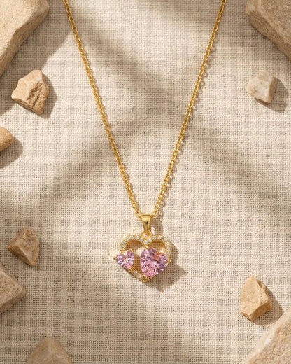 Elegant Double Pink Heart Crystal Pendant Necklace