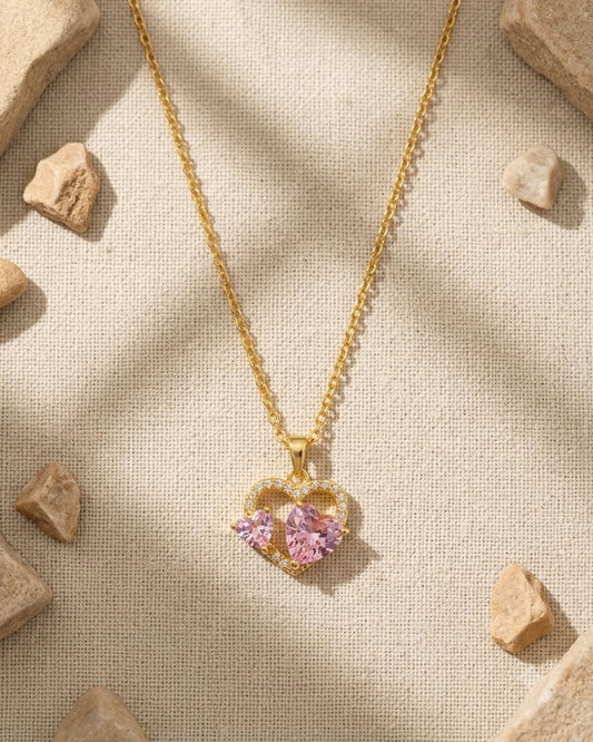 Elegant Double Pink Heart Crystal Pendant Necklace