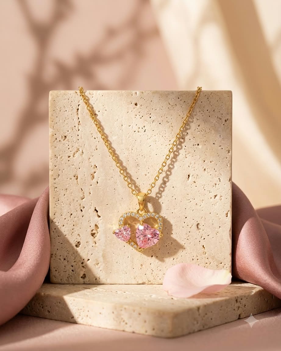 Elegant Double Pink Heart Crystal Pendant Necklace