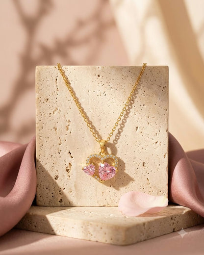 Elegant Double Pink Heart Crystal Pendant Necklace