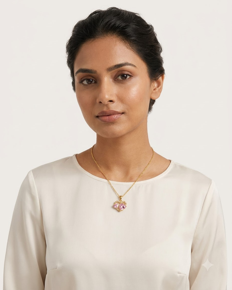 Elegant Double Pink Heart Crystal Pendant Necklace