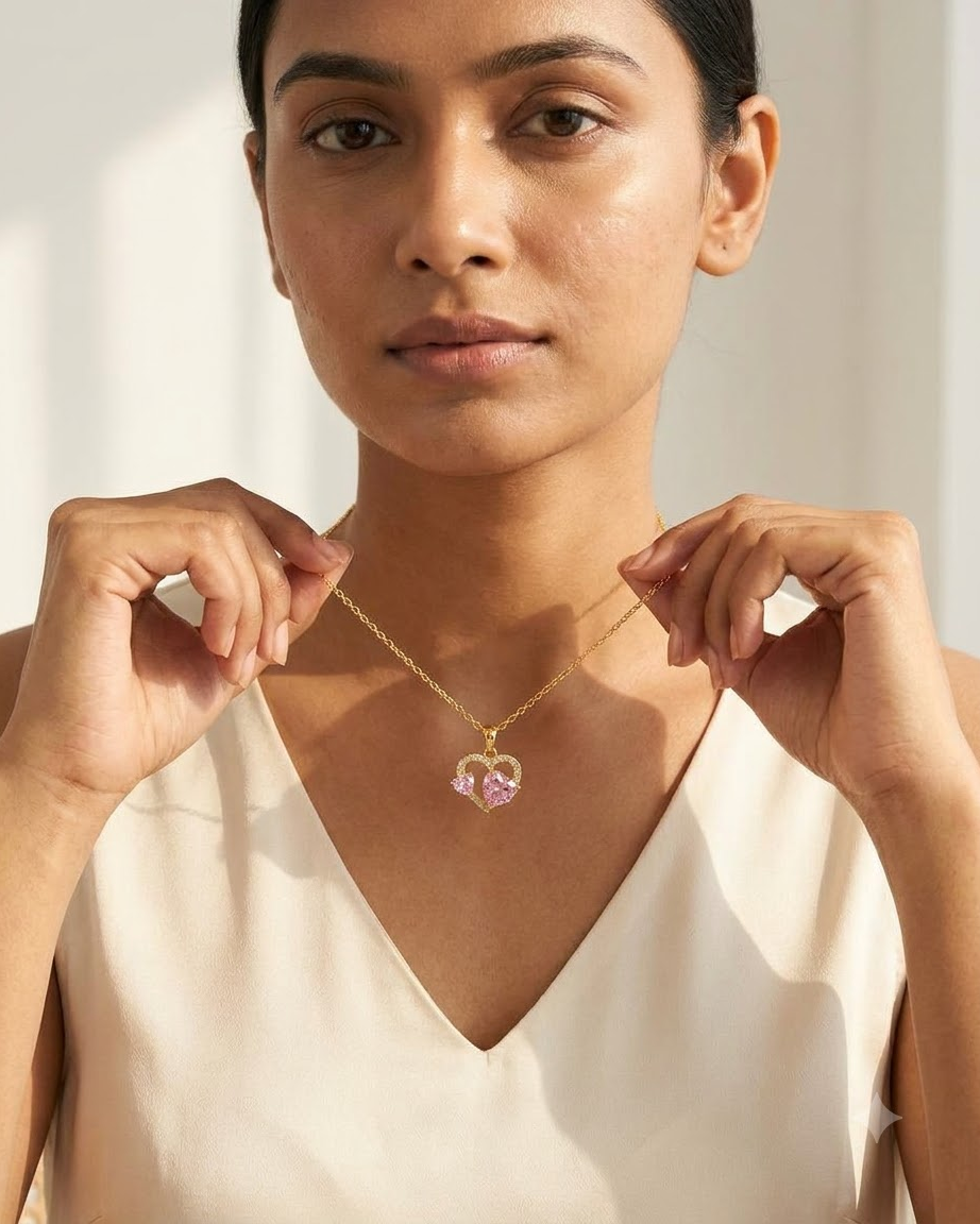 Elegant Double Pink Heart Crystal Pendant Necklace