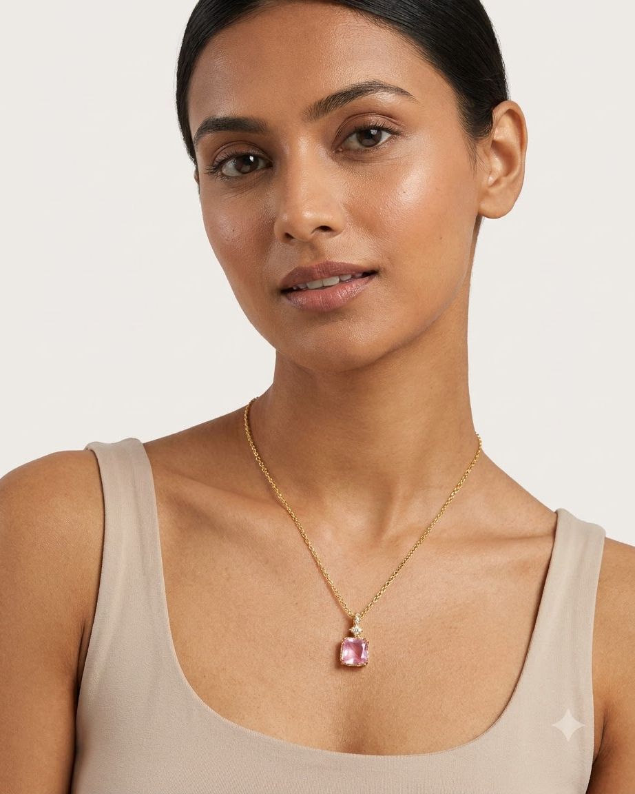 Elegant Pink Cushion Crystal Pendant Necklace