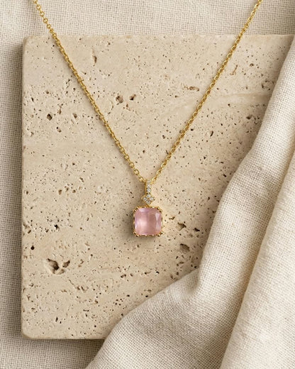 Elegant Pink Cushion Crystal Pendant Necklace