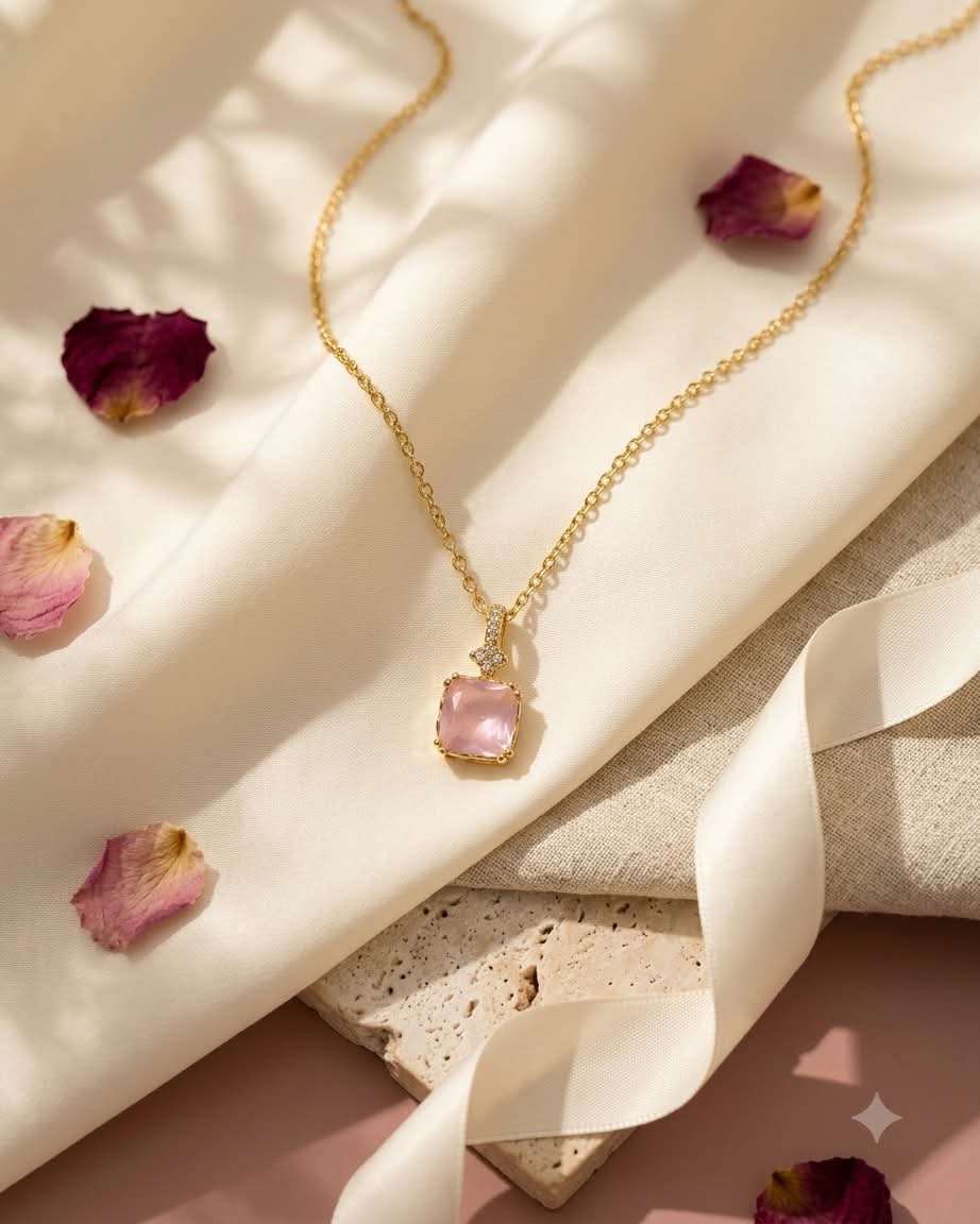 Elegant Pink Cushion Crystal Pendant Necklace