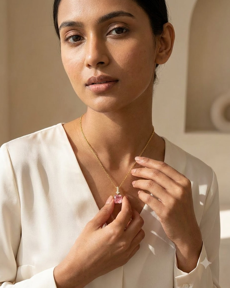 Elegant Pink Cushion Crystal Pendant Necklace