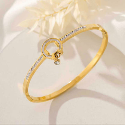 Gold-Plated Circular Lock Cuff Bracelet with Crystal Detailing | Elegant Women Bracelet