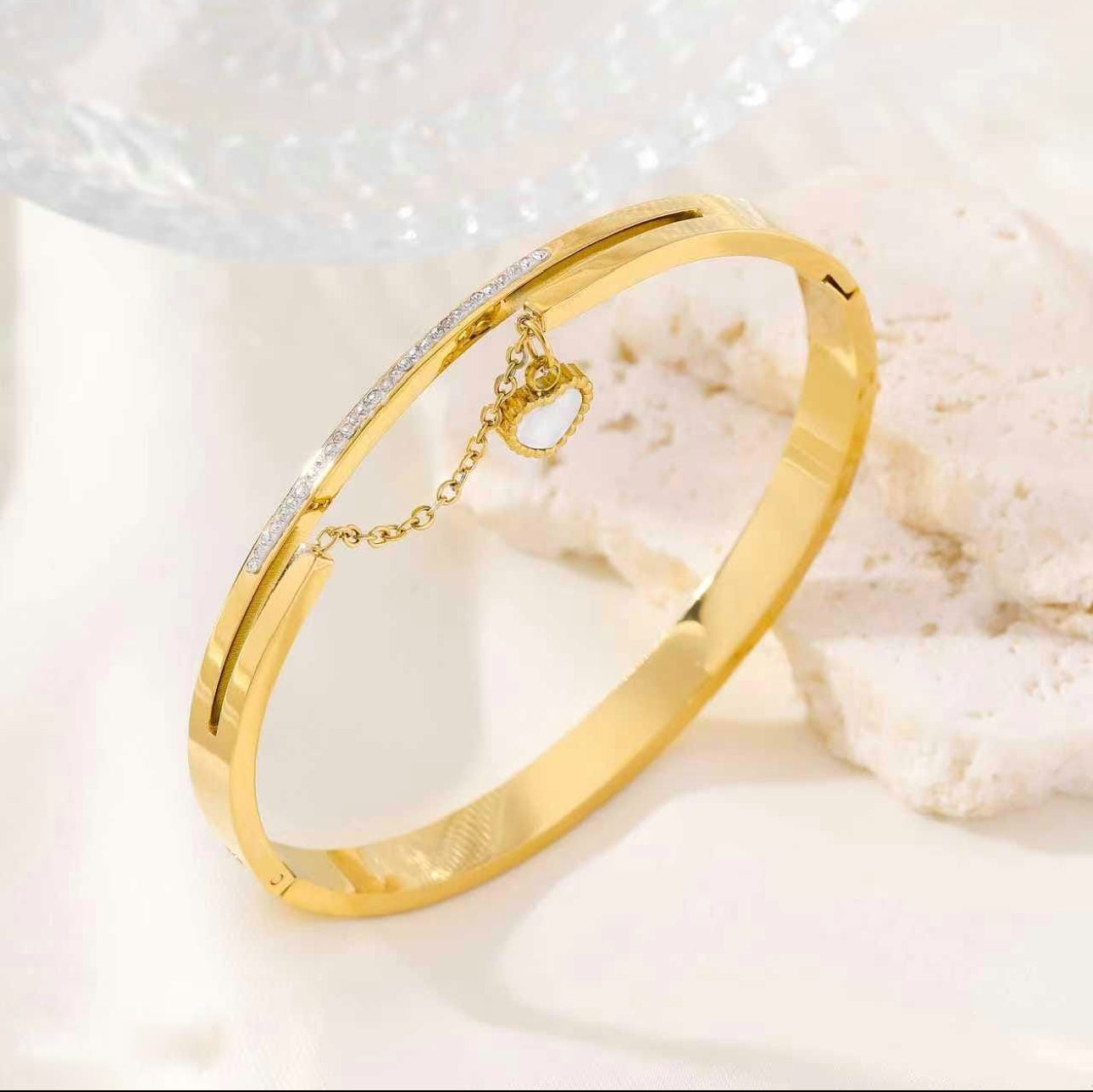 Gold-Plated Heart Charm Cuff Bracelet with Crystal Line | Elegant Women Bracelet