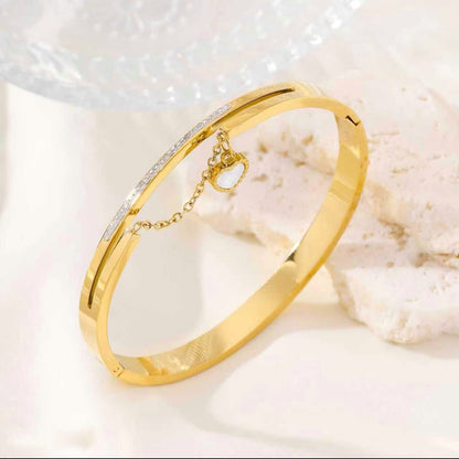 Gold-Plated Heart Charm Cuff Bracelet with Crystal Line | Elegant Women Bracelet