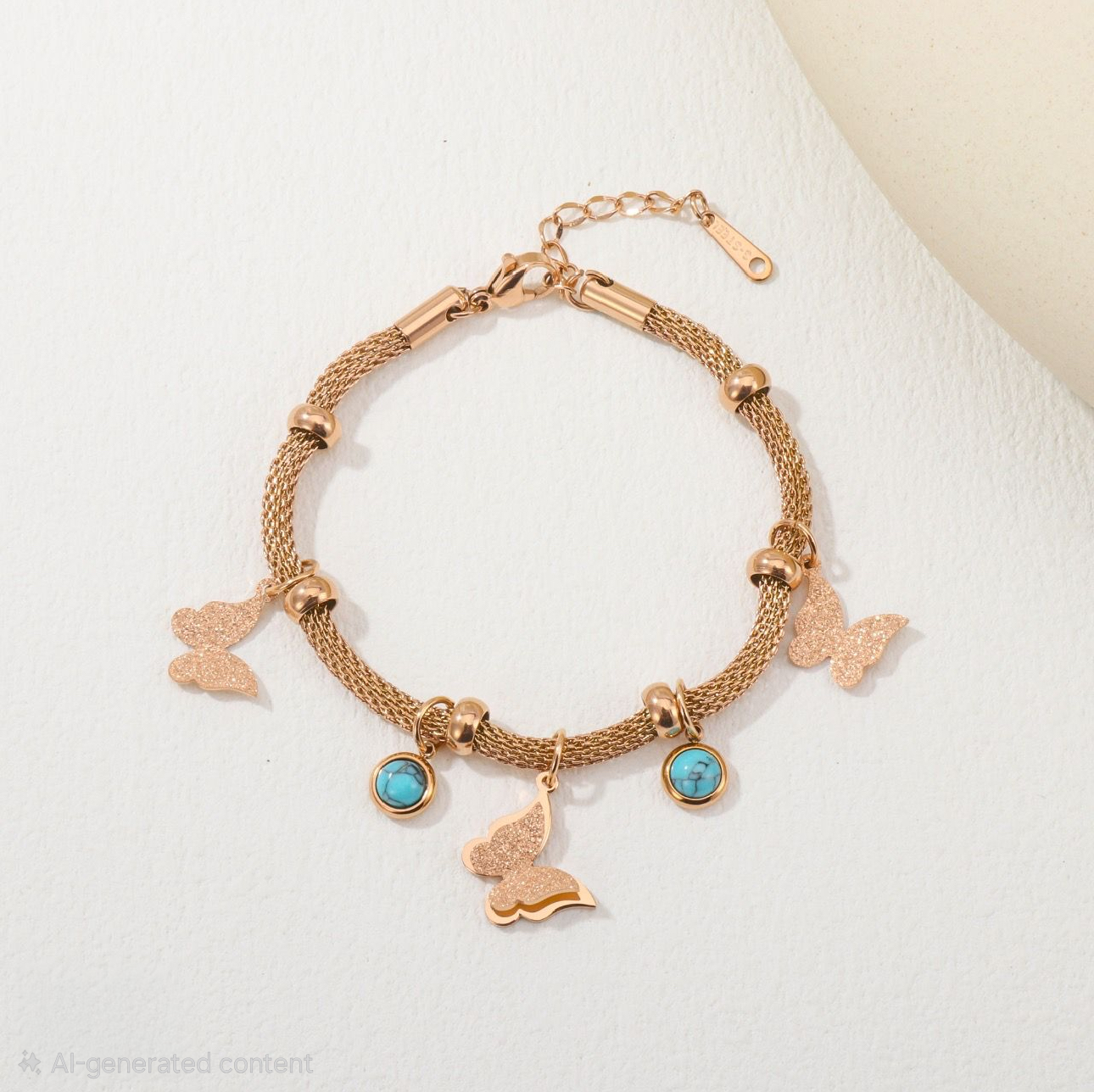 Rose Gold Butterfly Charm Bracelet with Turquoise Stones | Adjustable Women Bracelet