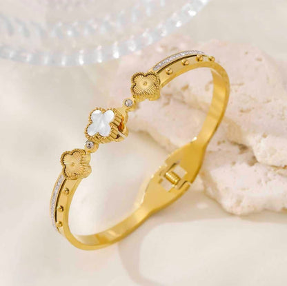 Gold-Plated Floral Clover Cuff Bracelet with Crystal Accents | Elegant Women Bracelet