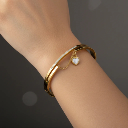 Gold-Plated Heart Charm Cuff Bracelet with Crystal Line | Elegant Women Bracelet
