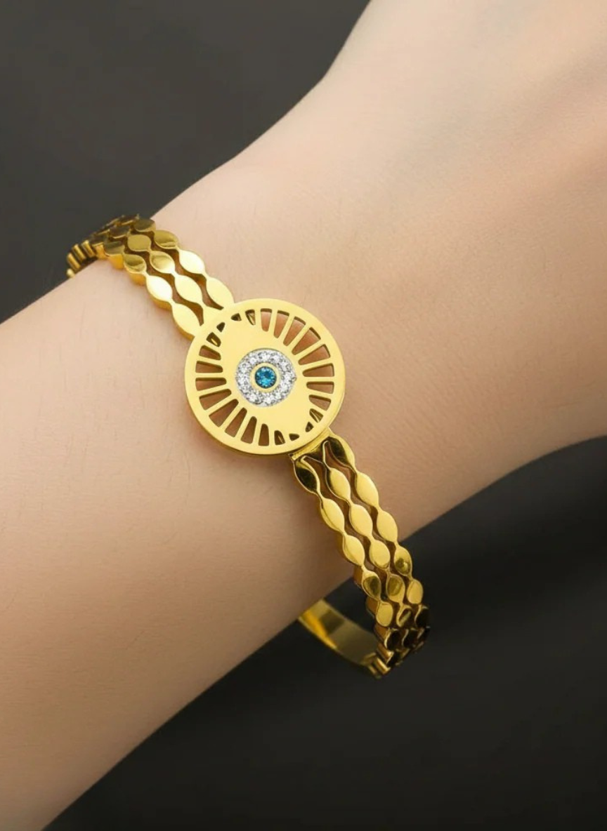 Gold-Plated Evil Eye Cuff Bracelet | Adjustable Designer Women Bracelet