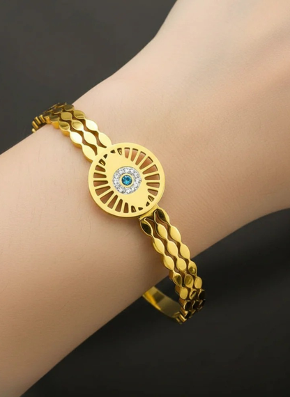 Gold-Plated Evil Eye Cuff Bracelet | Adjustable Designer Women Bracelet