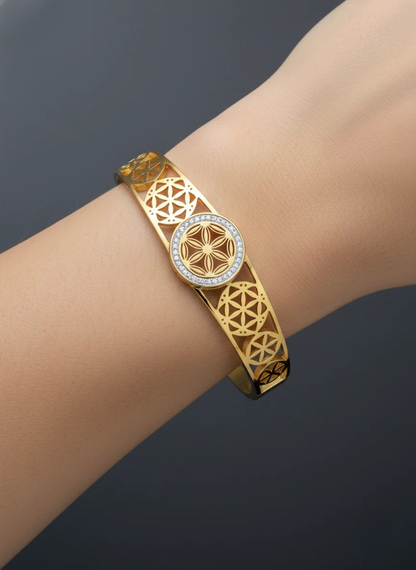 Gold-Plated Geometric Floral Cuff Bracelet with Crystal Detailing | Elegant Women Bracelet