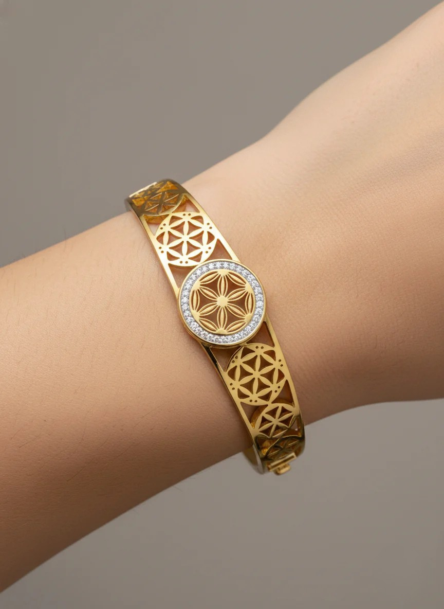 Gold-Plated Geometric Floral Cuff Bracelet with Crystal Detailing | Elegant Women Bracelet