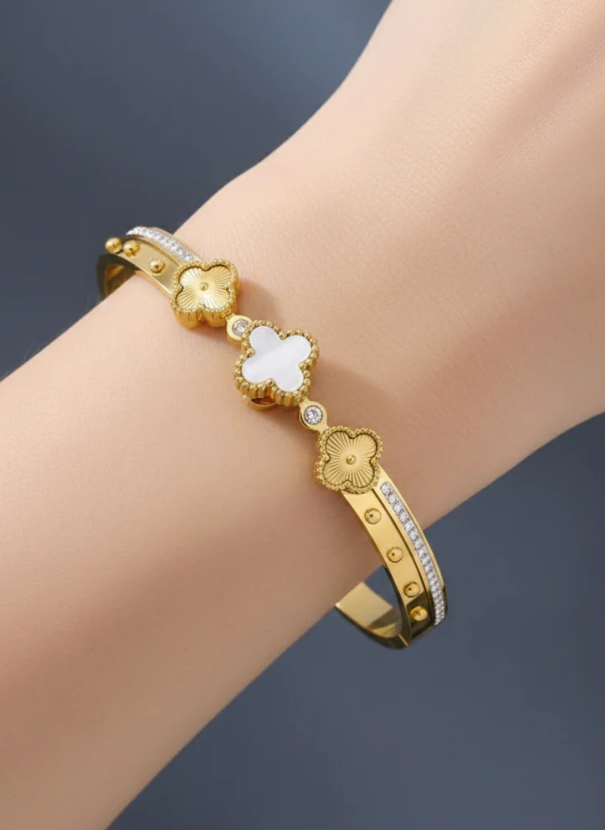Gold-Plated Floral Clover Cuff Bracelet with Crystal Accents | Elegant Women Bracelet