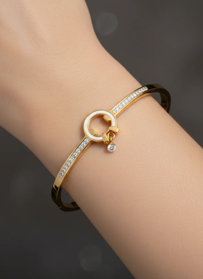 Gold-Plated Circular Lock Cuff Bracelet with Crystal Detailing | Elegant Women Bracelet