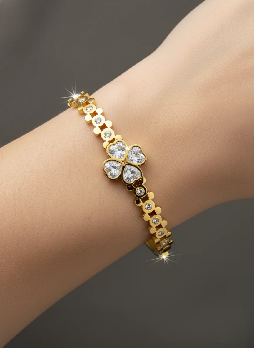 Gold-Plated Clover Crystal Cuff Bracelet | Elegant Women Bracelet