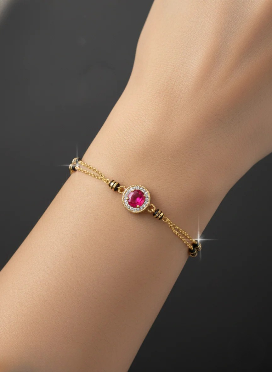 Gold-Plated Ruby Crystal Chain Bracelet with Black Bead Detailing | Elegant Women Bracelet