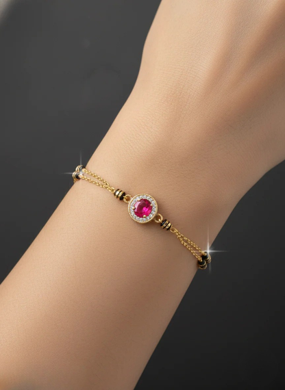 Gold-Plated Ruby Crystal Chain Bracelet with Black Bead Detailing | Elegant Women Bracelet